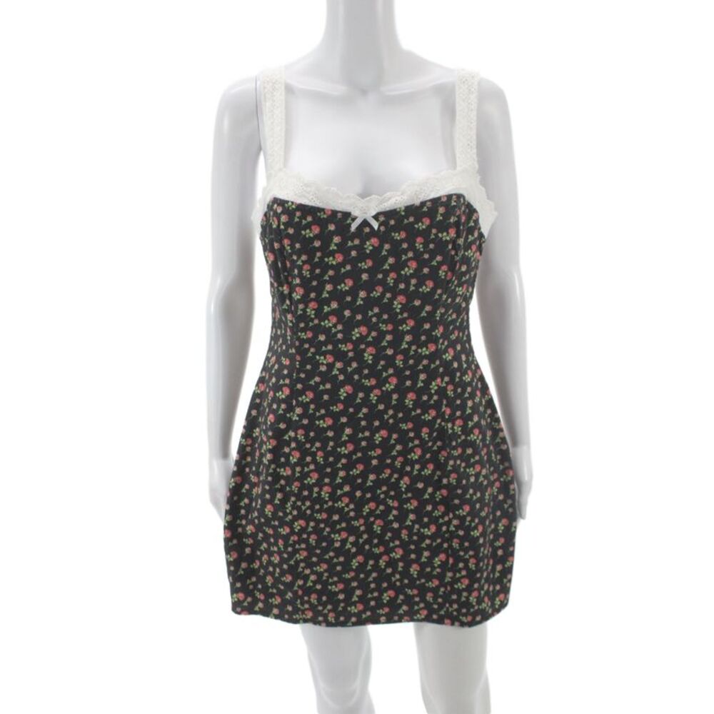 For Love & Lemons Womens Mini Floral Square Neck Black Cotton Dress Size S